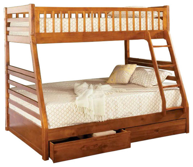 Slatted Twin over Full Wooden Bunk Bed with Attached Ladder, Oak Brown ...