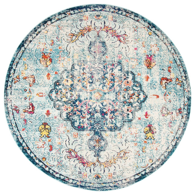 12' Round Navy/Light Blue Boho Chic Medallion Rug, Distressed & Non ...