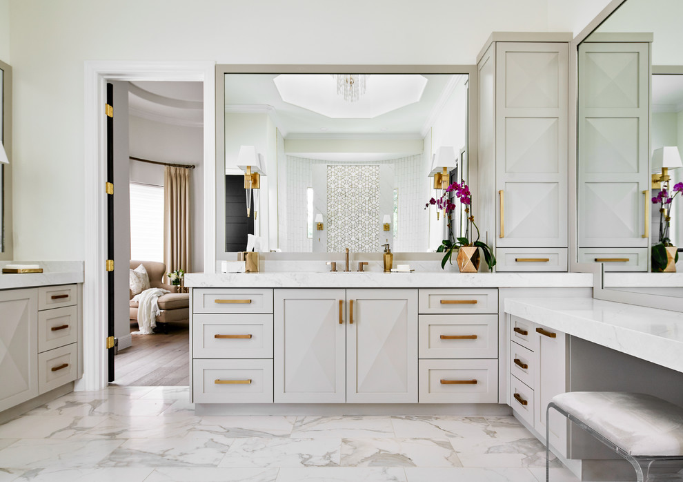 Design ideas for a large transitional master bathroom in Austin with shaker cabinets, grey cabinets, white walls, white floor, a freestanding tub, an open shower, a one-piece toilet, white tile, mosaic tile, porcelain floors, an undermount sink, engineered quartz benchtops, an open shower and grey benchtops.