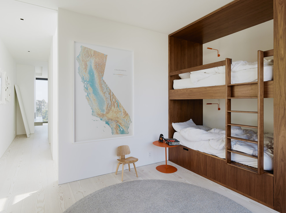 Modern gender-neutral kids' bedroom in San Francisco with white walls, light hardwood floors and grey floor for kids 4-10 years old.
