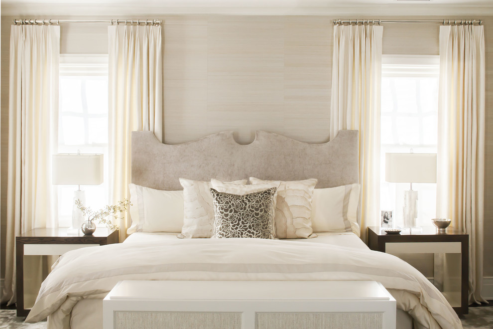 Design ideas for a transitional master bedroom in Dallas with white walls.