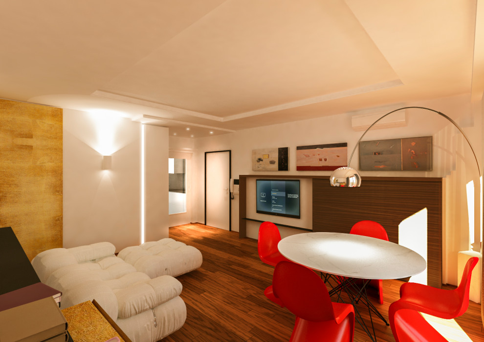 Идея дизайна: изолированная гостиная комната среднего размера в стиле модернизм с с книжными шкафами и полками, белыми стенами, темным паркетным полом, скрытым телевизором и многоуровневым потолком