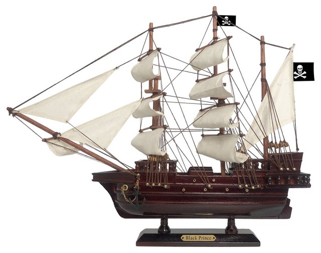 Wooden Ben Franklin's Black Prince White Sails Pirate Ship Model 15'' - Ship De