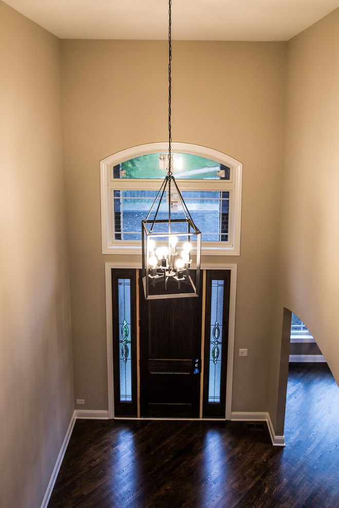 Example of a mid-sized transitional dark wood floor home design design in Chicago with brown walls and a black front door
