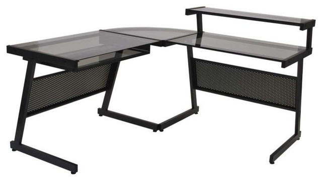 Eurostyle Landon L-Shaped Desk in Graphite Black & Smoked Glass Top