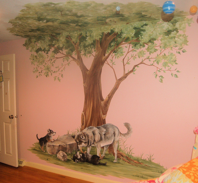Tree Mural with Wolves Traditional Kids Boston by
