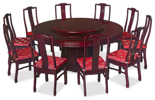 72in Rosewood Longevity Motif Round Dining Table With 10 Chairs Asian Dining Sets By China Furniture And Arts