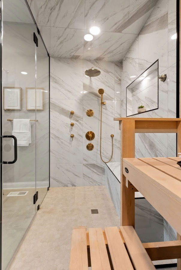Idées déco pour une salle de bain classique en bois brun avec un placard à porte affleurante, une douche à l'italienne, un lavabo encastré, un plan de toilette en quartz modifié, une cabine de douche à porte battante, un plan de toilette blanc, meuble double vasque et meuble-lavabo encastré.