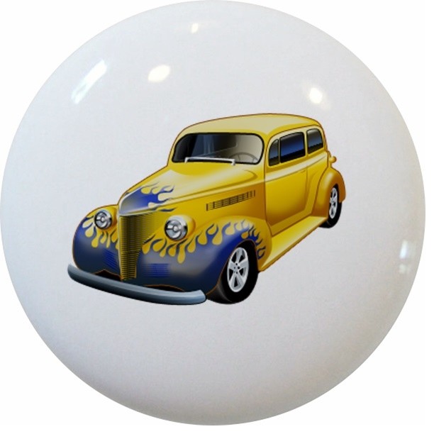 Yellow with Blue Flames Hot Rod Car Ceramic Cabinet Drawer Knob