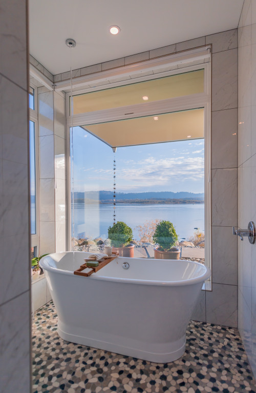 Oceanfront Tranquility: Small Bathroom with Spectacular Ocean View - Freestanding Bathtub Ideas