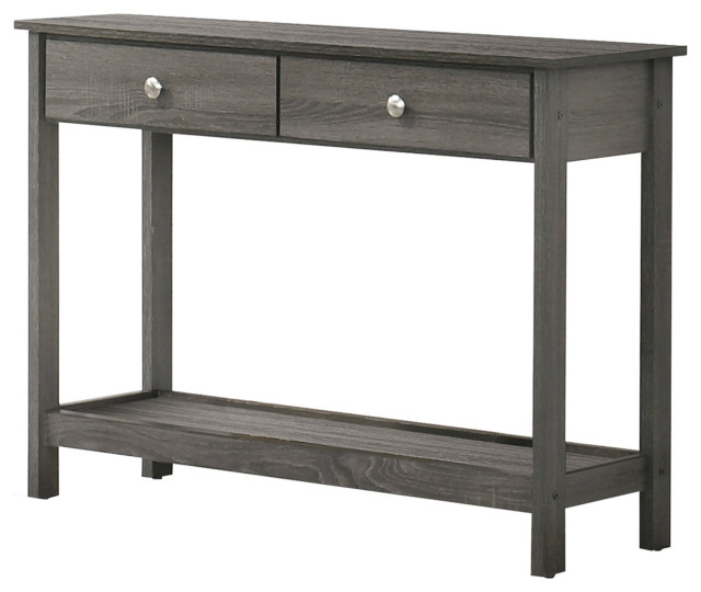 Farmhouse Console Table, Lower Shelf & 2 Drawers With Round Silver Knobs, Gray