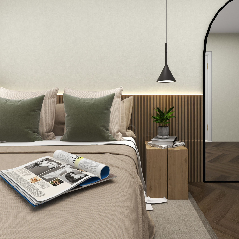 Exempel på ett litet minimalistiskt huvudsovrum, med beige väggar och mörkt trägolv