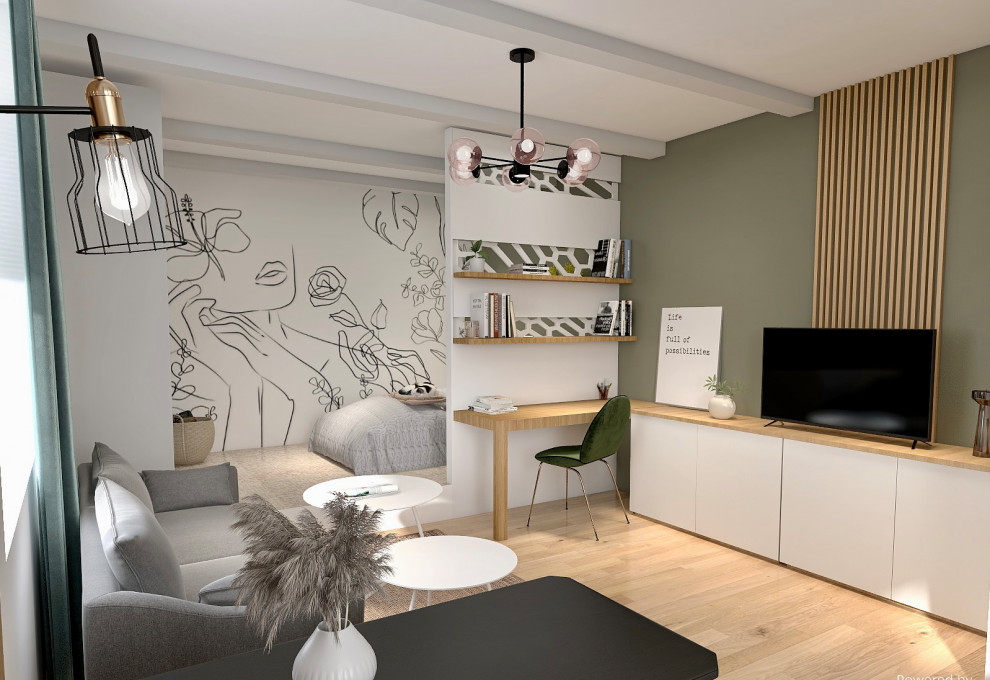 Aménagement d'une salle de séjour contemporaine de taille moyenne et ouverte avec une bibliothèque ou un coin lecture, un mur vert, parquet clair, un téléviseur indépendant, un sol beige et du lambris de bois.