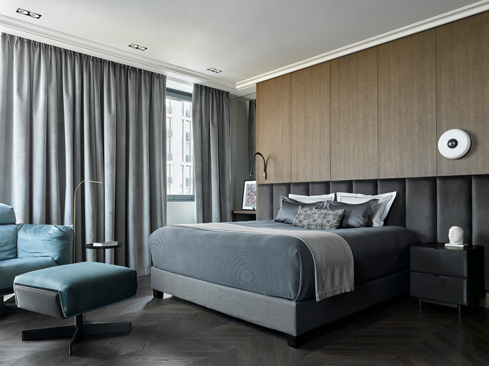 This is an example of a contemporary master bedroom in Moscow with grey floor and decorative wall panelling.