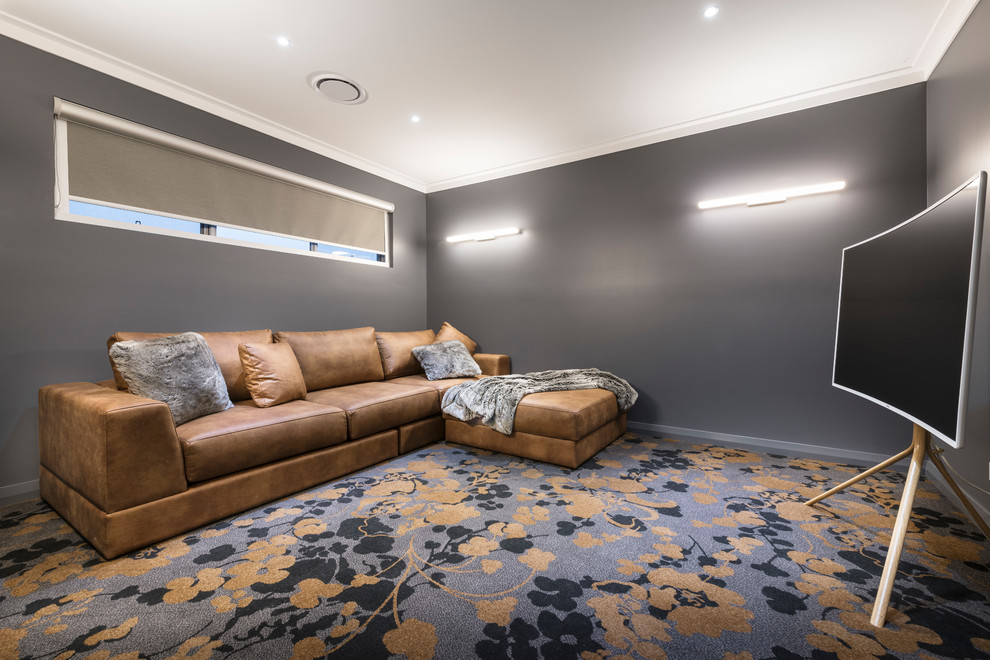 Design ideas for a home theatre in Perth with grey walls, carpet and a projector screen.