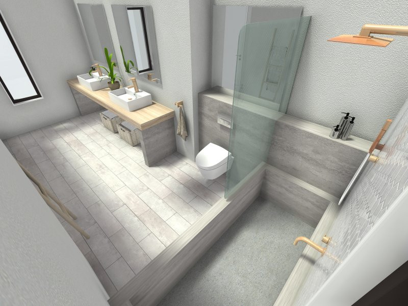 Foto di una stanza da bagno padronale nordica con piastrelle bianche e due lavabi
