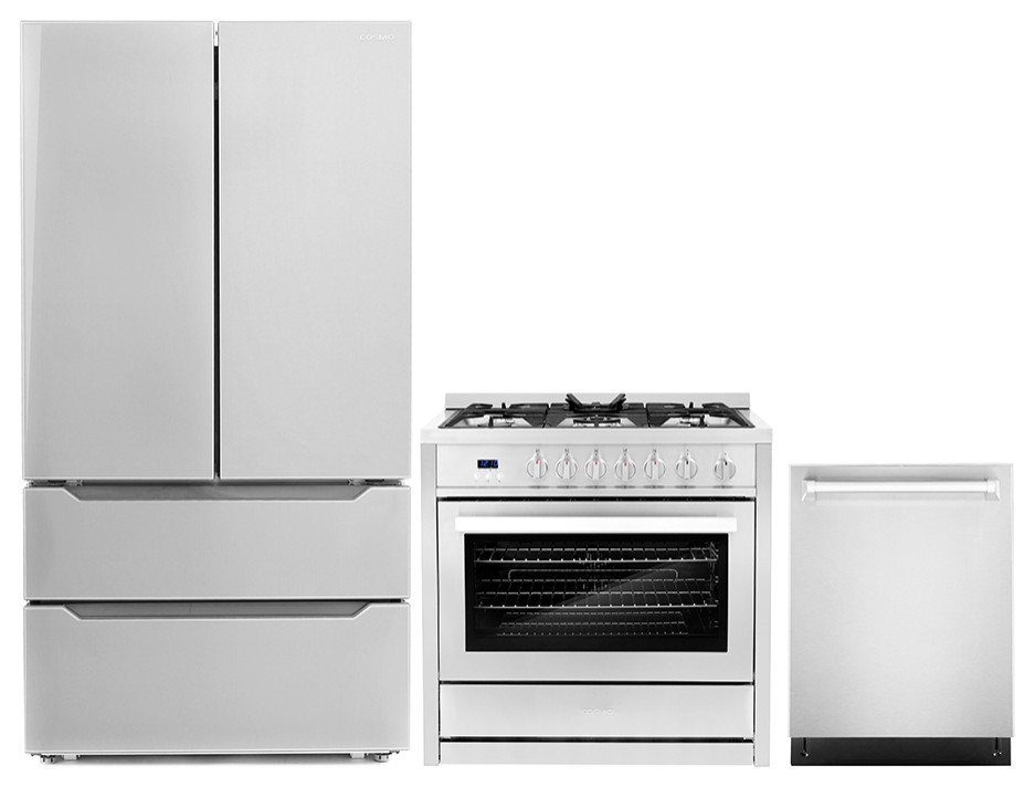 3-Piece, 36" Gas Range, 24" Dishwasher and French Door Refrigerator