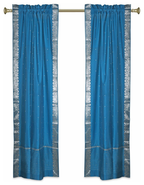 Lined-Turquoise 84-inch Rod Pocket Sheer Sari Curtain Panel  (India)- Pair