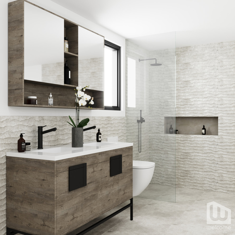 Inspiration för mellanstora moderna vitt badrum med dusch, med släta luckor, skåp i slitet trä, en kantlös dusch, en vägghängd toalettstol, grå kakel, cementkakel, vita väggar, klinkergolv i keramik, ett undermonterad handfat, bänkskiva i kvarts, grått golv och med dusch som är öppen