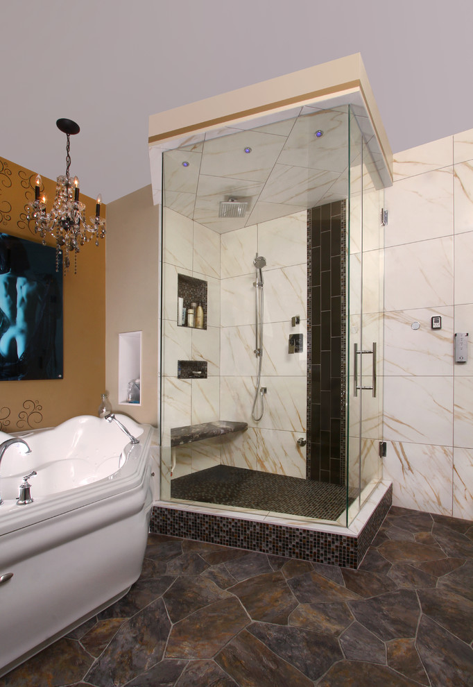 This is an example of a mid-sized modern master bathroom in Edmonton with a corner tub, a corner shower, multi-coloured tile, multi-coloured walls, slate floors, brown floor and a hinged shower door.