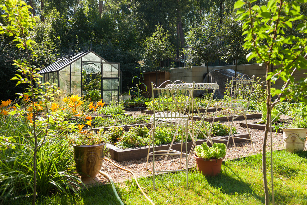 Traditional full sun garden in Moscow with a vegetable garden for summer.
