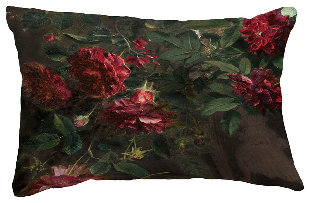 Blossoming Still Floral Print Throw Pillow With Linen Texture, Red, 14"x20"