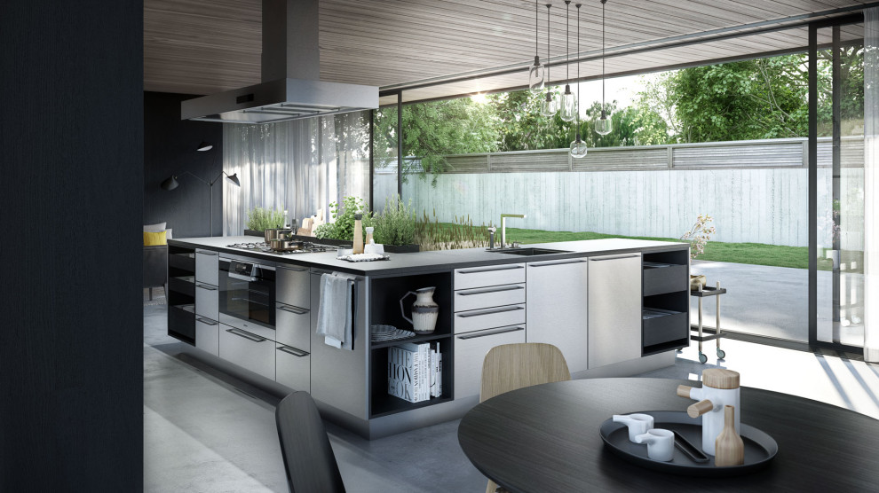 Design ideas for a modern l-shaped open plan kitchen in Tokyo with louvered cabinets, stainless steel cabinets, granite benchtops, metallic splashback, with island and grey benchtop.