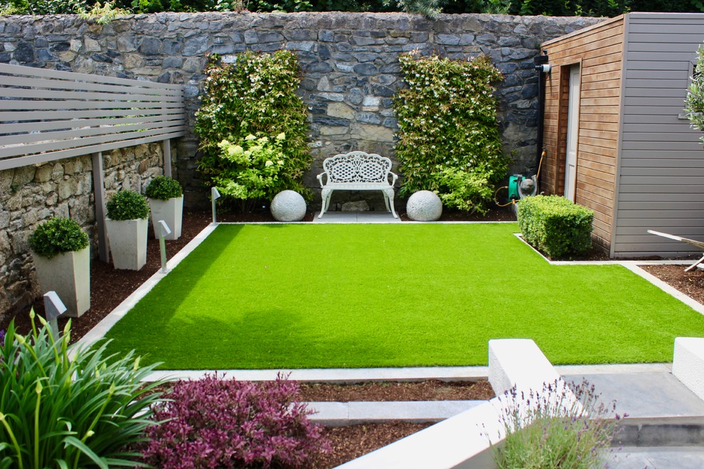 Geometrischer, Kleiner Klassischer Garten im Sommer, hinter dem Haus mit Rasenkanten, direkter Sonneneinstrahlung, Natursteinplatten und Steinzaun in Dublin