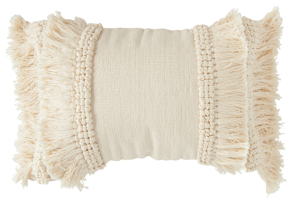 Cream Cotton and Chenille Woven Lumbar Pillow With Long Fringe