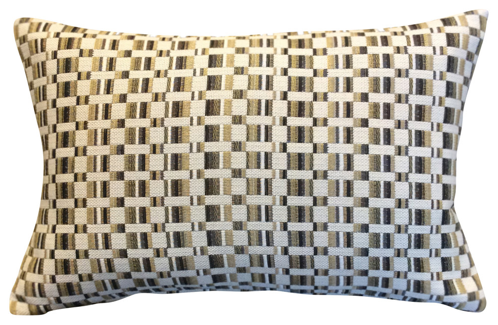 Green/Tan/Taupe Embroidered Squares on Cream Decorative Lumbar Pillow Cover