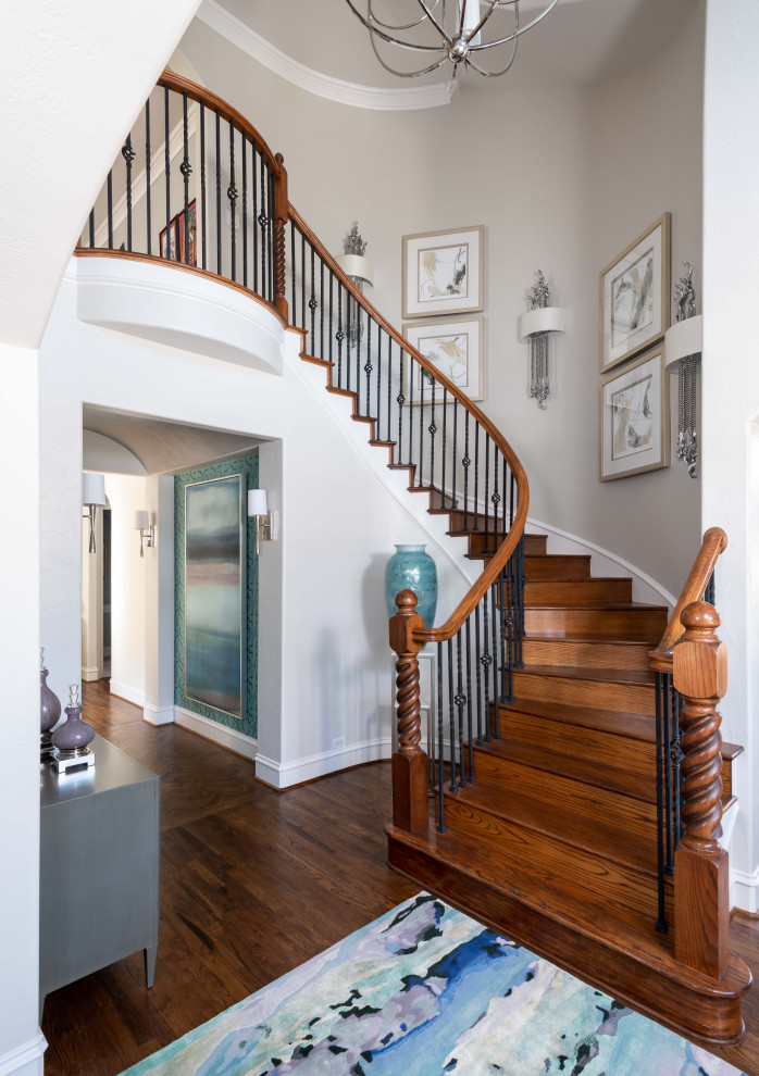Foyer - mid-sized transitional medium tone wood floor and brown floor foyer idea in Dallas with gray walls and a medium wood front door