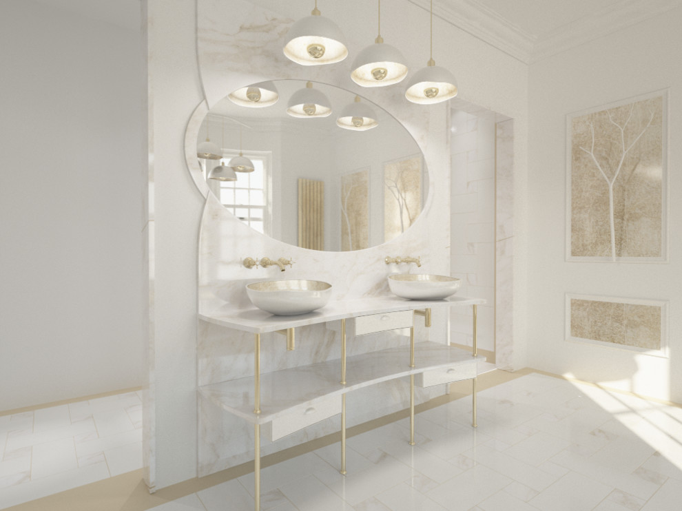 Expansive modern master bathroom in London with furniture-like cabinets, white cabinets, a drop-in tub, an open shower, a wall-mount toilet, white tile, stone slab, white walls, marble floors, a console sink and marble benchtops.
