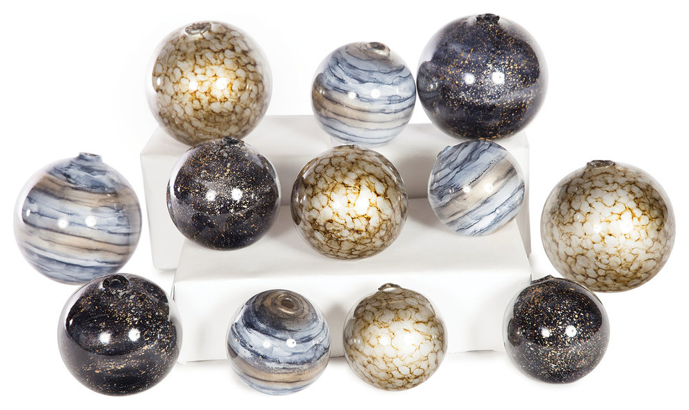 Glass Spheres Set of 12 In Emperors Stone, Cheers & Sea Pearls