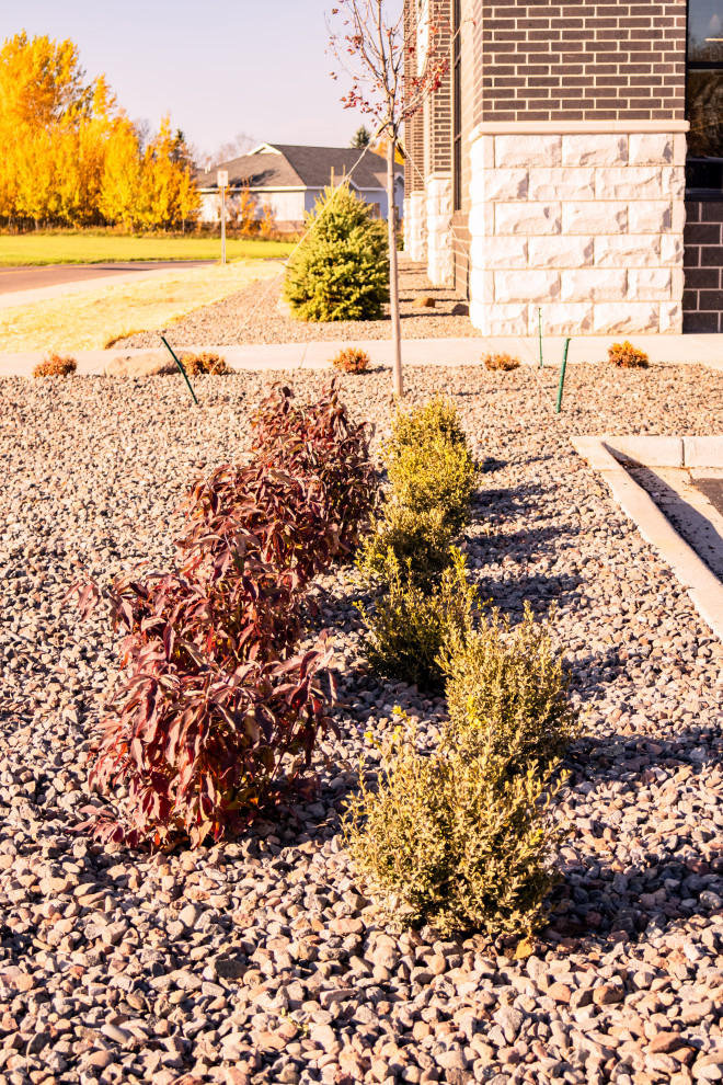 Стильный дизайн: большой солнечный, летний регулярный сад на переднем дворе в современном стиле с камнем в ландшафтном дизайне, хорошей освещенностью и покрытием из гальки - последний тренд