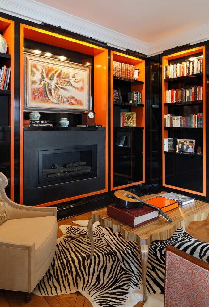 Living room - contemporary medium tone wood floor living room idea in New York with multicolored walls and a ribbon fireplace