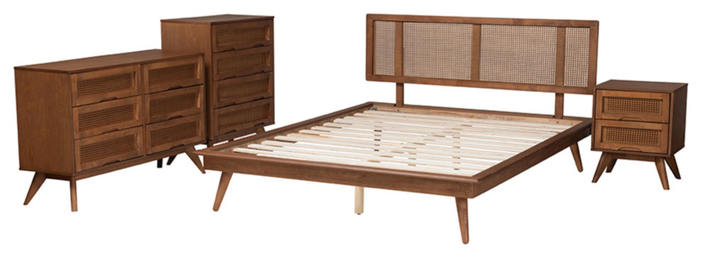 Walnut Brown Rattan King Size Bedroom Set - Midcentury - Bedroom Furniture Sets - by VirVentures ...