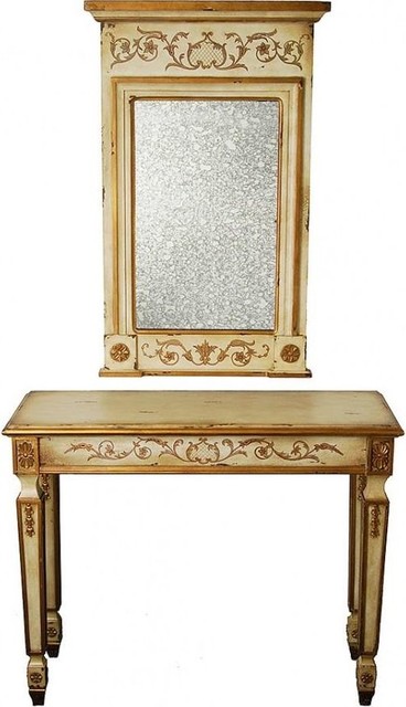 Console Table Antique White Antiqued Brass Glass Wood Mirror Hiroshi French Country Tables By Euroluxhome Houzz Console Table Antique White Antiqued, Antique Entry Table With Mirror