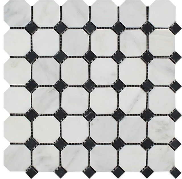 12"x12" Oriental White Polished Marble Octagon Mosaic, Black Dots, Set of 50