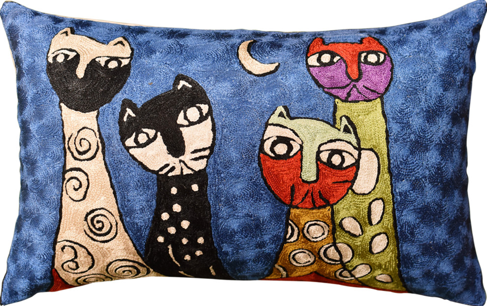 Lumbar Picasso Four Cats Rectangle Pillow Cover Handembroidered