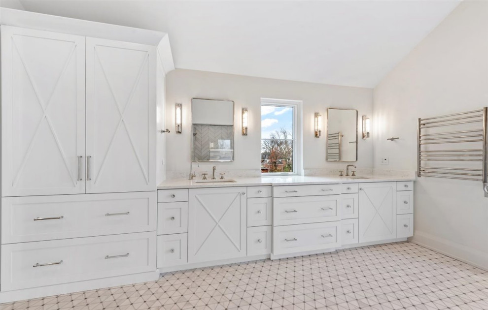 Photo of a large transitional master bathroom in Chicago with shaker cabinets, white cabinets, a freestanding tub, a curbless shower, a two-piece toilet, white tile, marble, grey walls, marble floors, an undermount sink, engineered quartz benchtops, white floor, a hinged shower door, white benchtops, a niche, a double vanity and a built-in vanity.