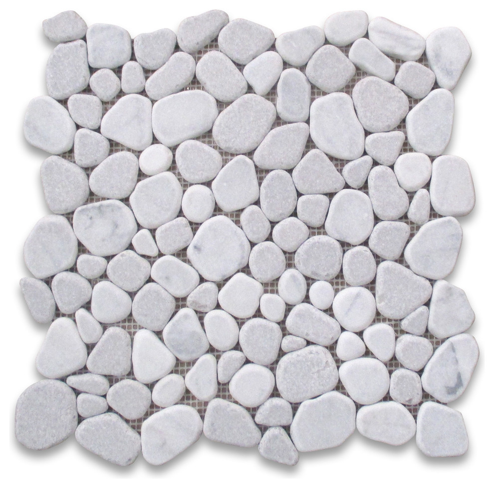 Non Slip Shower Floor Tile Tumbled Carrara Grey Marble Pebble Mosaic, 1