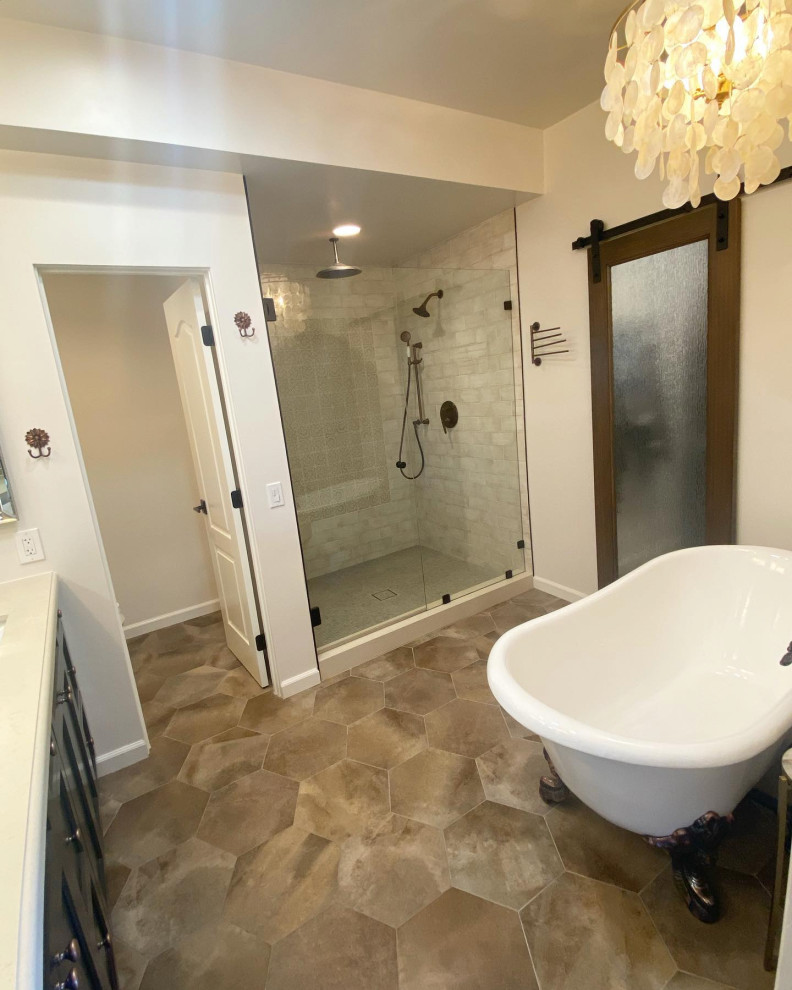 Design ideas for a large eclectic master bathroom in Orange County with shaker cabinets, light wood cabinets, a claw-foot tub, an alcove shower, a two-piece toilet, beige tile, ceramic tile, beige walls, ceramic floors, an undermount sink, engineered quartz benchtops, beige floor, a hinged shower door, a double vanity and a built-in vanity.