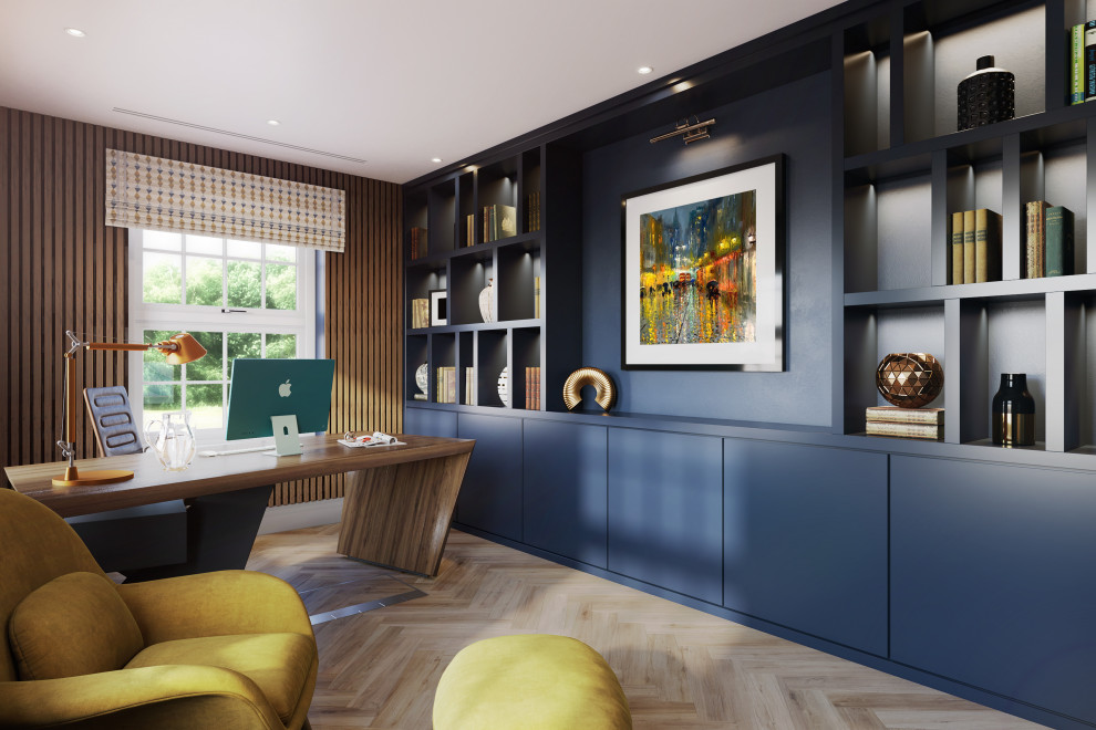 Cette image montre un bureau design avec un mur bleu, un sol en bois brun, un bureau indépendant, un sol marron et du lambris.