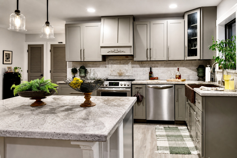 AFTER: GRAY KITCHEN ISLAND WITH PENDANT LIGHTING