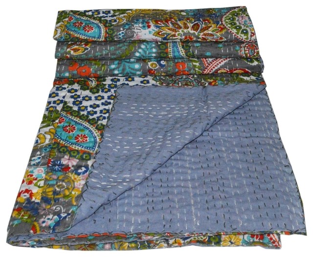 Indian Paisley Print Queen Cotton Kantha Quilt Throw Blanket Gudari