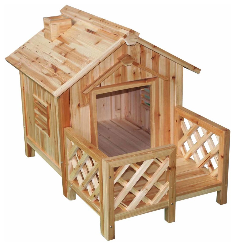 Wooden Dog House Outdoor Wooden Pet Shelter Bed M w/ Porch
