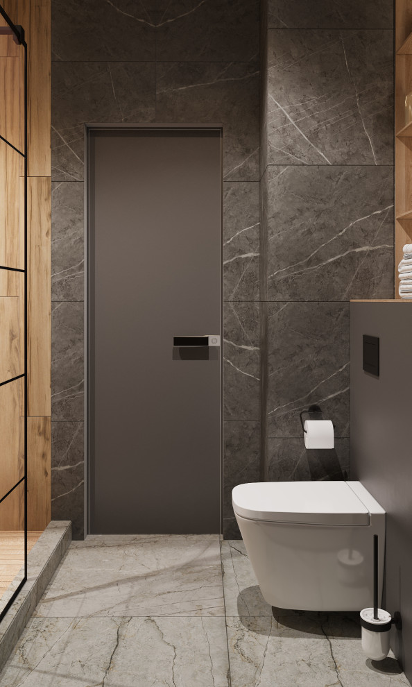Inspiration for a mid-sized industrial 3/4 bathroom in Other with flat-panel cabinets, grey cabinets, an alcove shower, a wall-mount toilet, gray tile, porcelain tile, grey walls, porcelain floors, an undermount sink, solid surface benchtops, grey floor, a shower curtain, black benchtops, a laundry, a single vanity and a floating vanity.