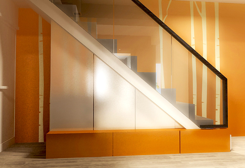 他の地域にある高級な中くらいなモダンスタイルのおしゃれなかね折れ階段 (ガラスの蹴込み板) の写真