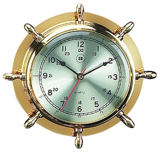 Lacquered Brass Ship's Wheel Quartz Clock With Beveled Glass Beach