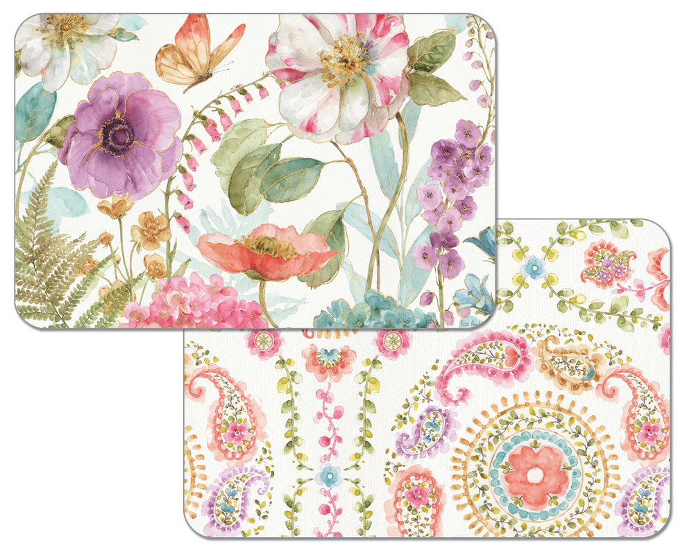 Vinyl Plastic Placemats Reversible Floral Rainbow Seeds Set of 4